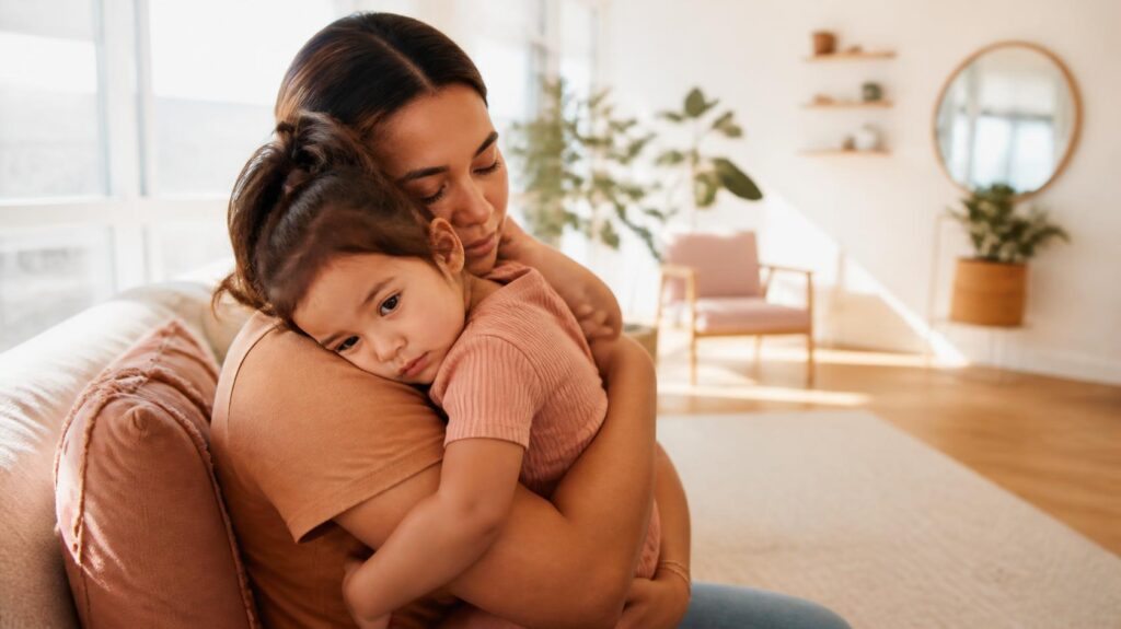 Mom comforting toddler on couch, a sign of nervous system support for children